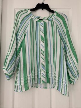 Talbots Green, White & Light Blue Striped Button-Front Top